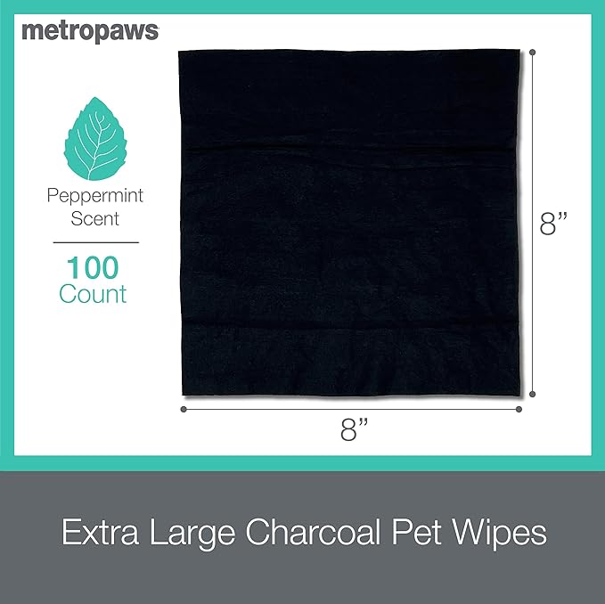 MetroPaws Peppermint Scented Charcoal Dog Wipes, 100 Extra Large & Thick Cleaning Wipes Ideal for Cats and Dogs, for Paws, Butt, Ears and Eyes