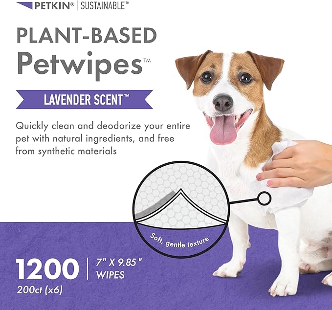 Petkin Plant-Based PetWipes, 200 Wipes, 6 Count - Biobased, Sustainable, Big & Thick Pet Wipes for Dogs & Cats - for Face, Paws, Ears, Body & Eye Area - Consciously Cleans & Conditions - Lavender