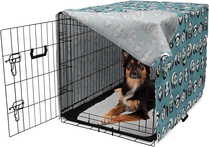 Lunarable Panda Dog Crate Cover, Cartoon Style Pandas Eating Branches Bear Poses in Sleeping and Rolling, Easy to Use Pet Kennel Cover for Medium Large Dogs, 36 Inch, Petrol Blue and Black