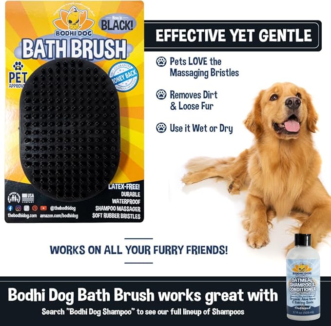 Bodhi Dog Shampoo Brush - Pet Grooming & Bath Supplies for Cats and Dog - Bath Brush for Long & Short Hair - Premium Scrubber for Shower, Bathing & Massage (One Pack, Black)
