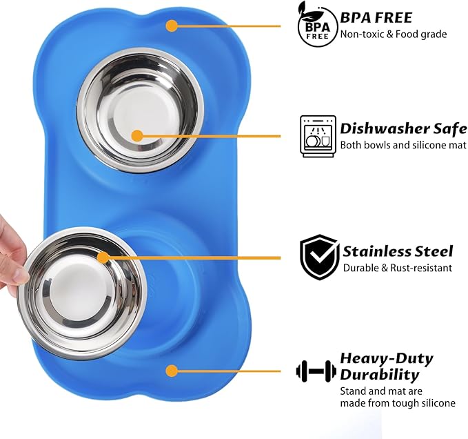Hubulk Pet Dog Bowls 2 Stainless Steel Dog Bowl with No Spill Non-Skid Silicone Mat + Pet Food Scoop Water and Food Feeder Bowls for Feeding Small Medium Large Dogs Cats Puppies (Medium, Blue)