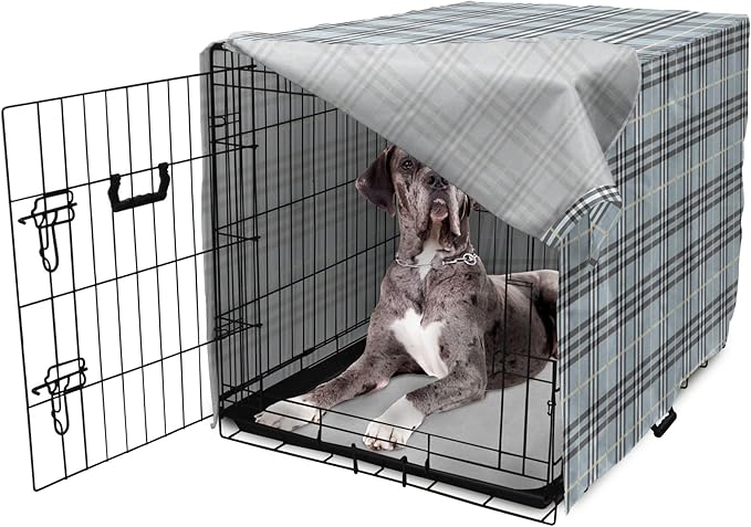 Lunarable Plaid Dog Crate Cover, Traditional Vintage Pattern with Modern Look Checkered Pastel Colored, Easy to Use Pet Kennel Cover for Medium Large Dogs, 48 Inch, Pale Blue Dimgray Cream