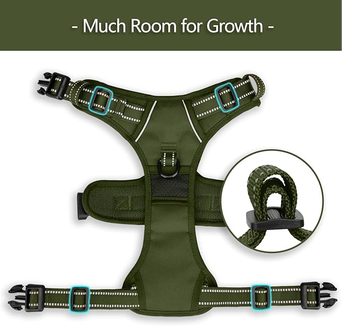 PoyPet No Pull Dog Harness, No Choke Reflective Dog Vest, Adjustable Pet Harnesses with 2 Leash Attachments with Easy Control Padded Handle for Small Medium Large Dogs(Military Green,XL)