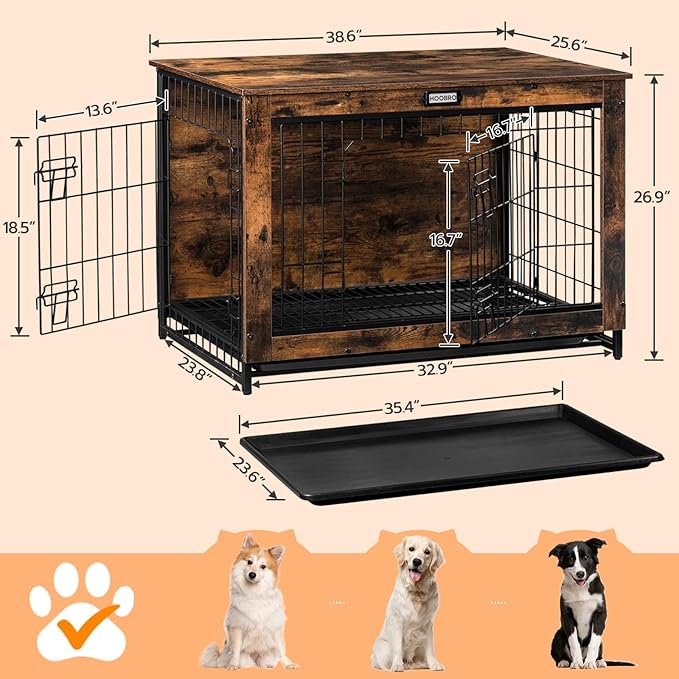 Dog Crate Furniture, 38.6" Large Dog Kennel Indoor, Wooden Dog Crate with Pull-Out Tray, Double Doors Dog House, Modern Side End Table for Small/Medium/Large Dog, Rustic Brown BF982GW03G1