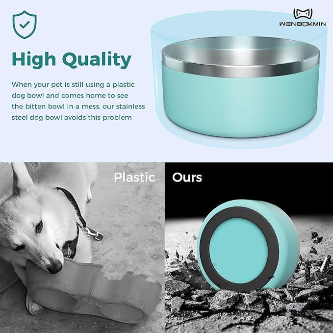 Dog Bowl, Stainless Steel Dog Food and Water Bowl with Non Slip Quiet Bottom, Easy to Clean, Dishwasher Safe, 64oz, Mint Green