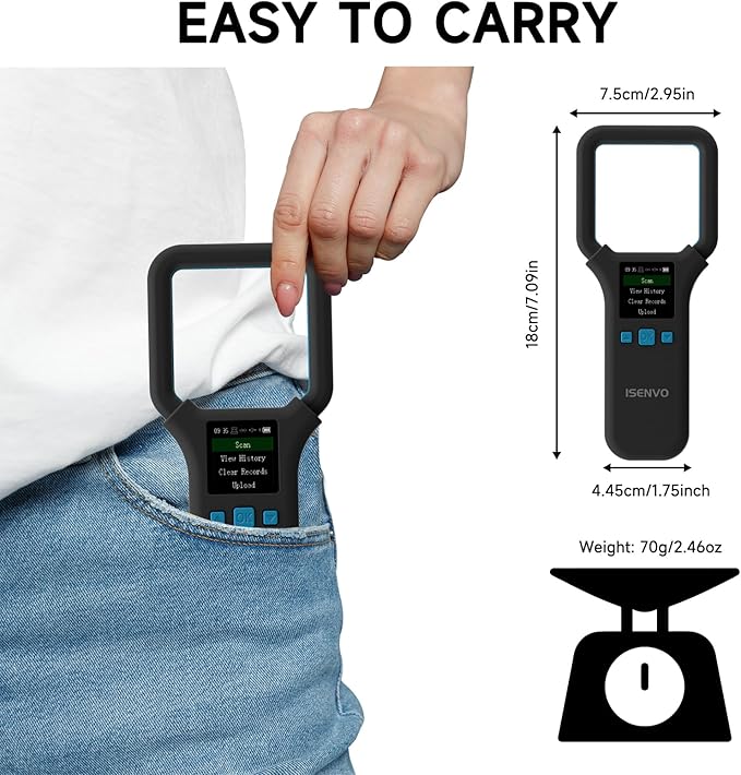 AR190E Bluethooth Pet Microchip Scanner, Wireless Handheld RFID Animal Reader, 134.2kHz Pet Chip Scanner with OLED Display Animal Tag Reader EMID FDX-B(ISO11784/11785)