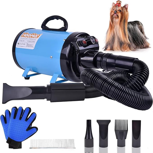 Dog Dryer, High Velocity Dog Hair Dryer, Dog Blow Dryer - Groomer Partner Pet Blower Grooming Force Dryer with Heater, Stepless Adjustable Speed, 4 Different Nozzles, Comb & Pet Grooming Glove (Blue)