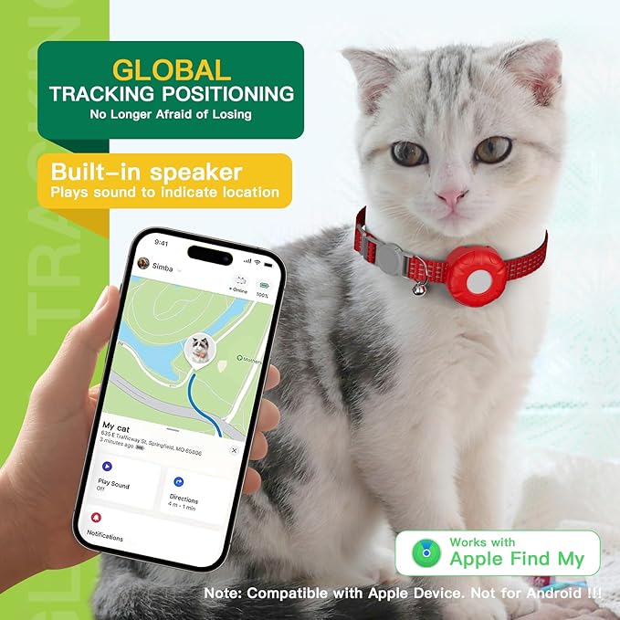 Cat Tracker Collar,No Monthly Fee Tracking Pet Collar with Finder Tag,Compatible with Apple Find My(iOS Only),Breakaway Tractive Design with Reflective Pattern & Bell,Red