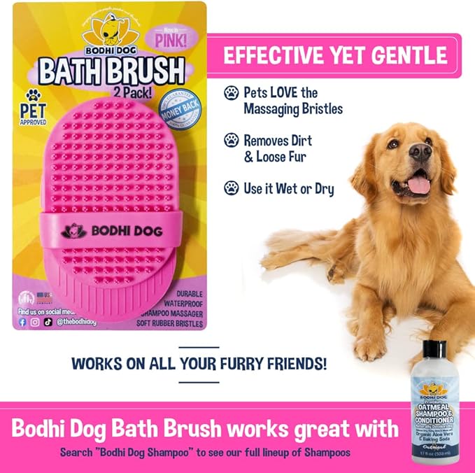 Bodhi Dog Shampoo Brush - Pet Grooming & Bath Supplies for Cats and Dog - Bath Brush for Long & Short Hair - Premium Scrubber for Shower, Bathing & Massage (Two Pack, Pink)