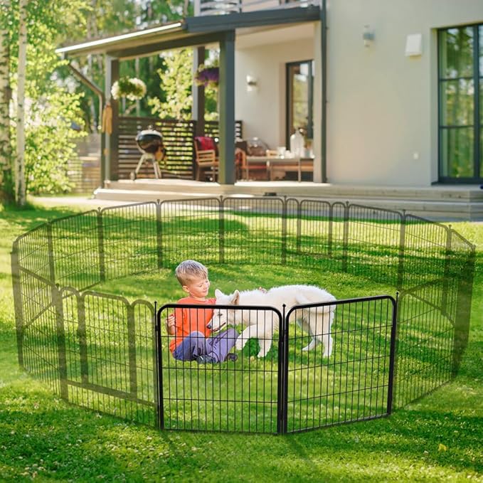 PawGiant Dog Fence Playpen 24”/32”/40” Indoor Outdoor for Small/Medium/Large Dogs, Metal Pet Puppy Cat Exercise Fencing Gate Crate Cage Outside RV, Camping, Yard, Garden (2 Panel, 28" W x 32" H)
