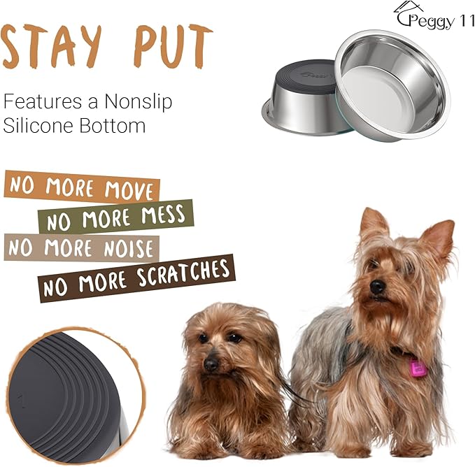 PEGGY11 Deep Stainless Steel Anti-Slip Dog Bowls - Single Pack, 2 Cups
