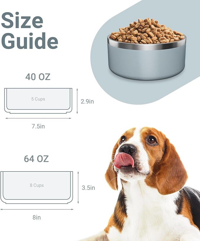 Stainless Steel Bowls for Small Dogs, 40 Ounces/5 Cup Food and Water Bowl, Double Wall Weighted Dish, Rustproof Metal Pet Bowls With Non-Slip Silicone Base