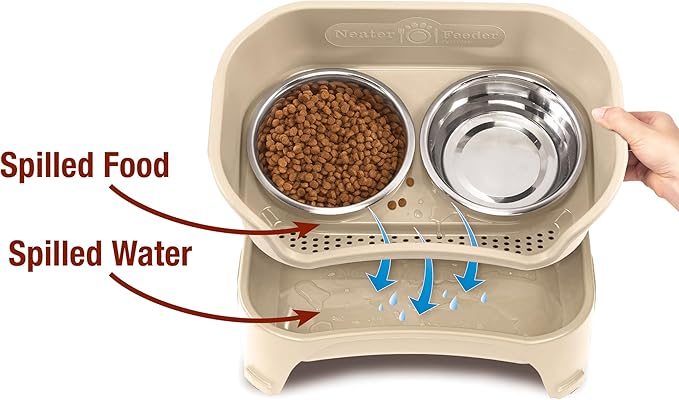 Neater Feeder - Express Model - Mess-Proof Dog Bowls (Medium/Large, Almond) – Made in USA – Elevated, No Spill, Non-Tip, Non-Slip, Raised Stainless Steel Food & Water Pet Bowls