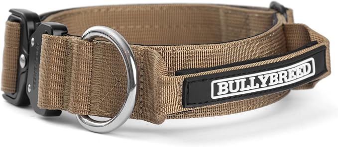 BULLYBREED Premium Dog Colar with Handle, Heavy Duty Dog Collar, Tactical Dog Collar, Quick-Release Metal Buckle, Thick Dog Collar, Dog Collar for Medium Dogs, Dog Collar for Large Dogs (Tan, M)