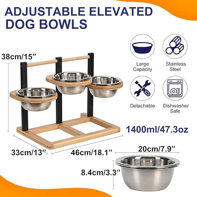 handrong Elevated Dog Bowl,5 Height Adjustable Raised Dog Bowl,Dogs Food Bowls Stand Feeding Station with 3 Food and Water Bowls for Medium,Large Dogs