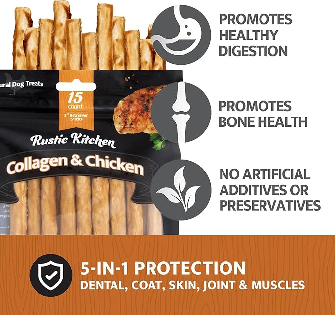 Collagen Chews for Dogs, Real Chicken, Dog Chews Long Lasting, Rawhide Free -15 Pack Collagen Sticks for Large, Medium, and Small Dogs