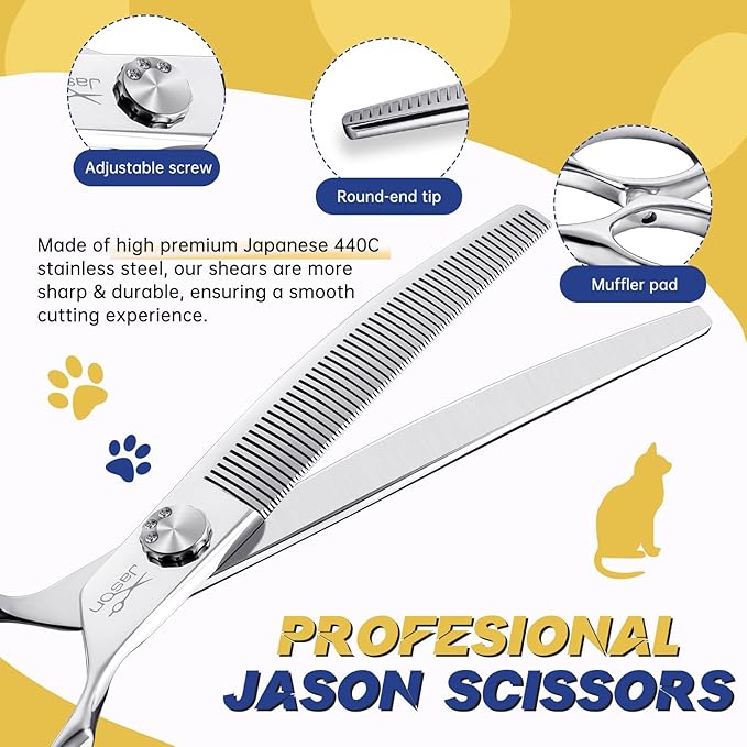 JASON 7" Curved Thinner Dog Scissors - Ergonomic Pet Scissors Silver Curved Blender Dog Shears 440C Stainless Steel Grooming Shears Professional Pet Shears For Groomer (52-Teeth, Down-curved)