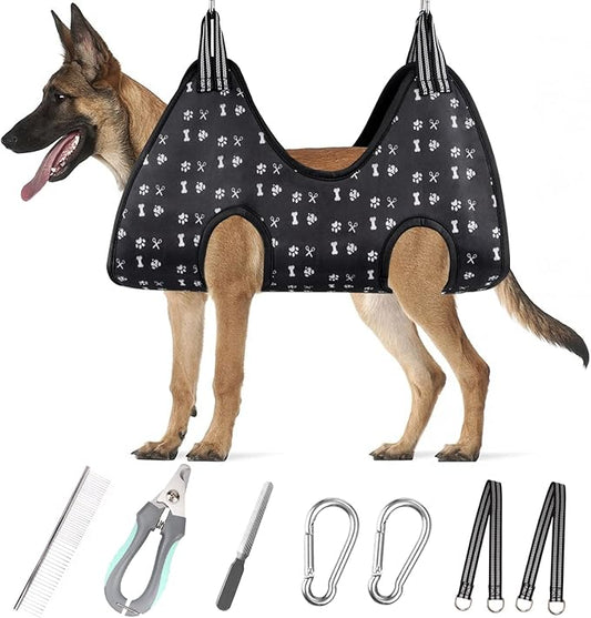 Pet Grooming Hammock, Dog Restraint Harness with Nail Clippers/Trimmer/Nail File/Comb, Cute Printed Dogs Sling Hanger for Nail Trimming Grooming (XXL)