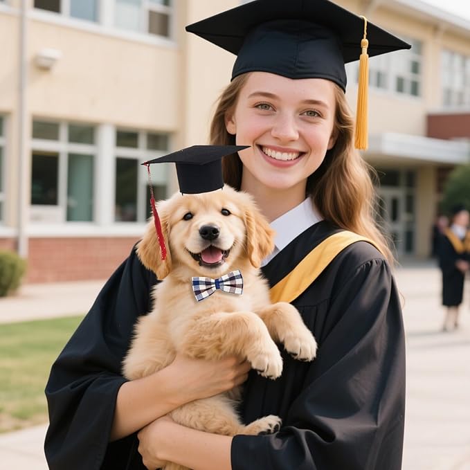 Pet Graduation Cap with Bowtie Collar Set, Small Dogs Cats Graduation Outfits Party Dress Costume Accessory (Gray)