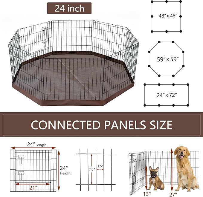 NEZUC Foldable Metal Dog Exercise Playpen Gate Fence Dog Crate 8 Panels 24 Inch Height Puppy Kennels with Bottom Pad for Animals Outdoor Indoor (with Bottom pad, 8 Panels 24" H)