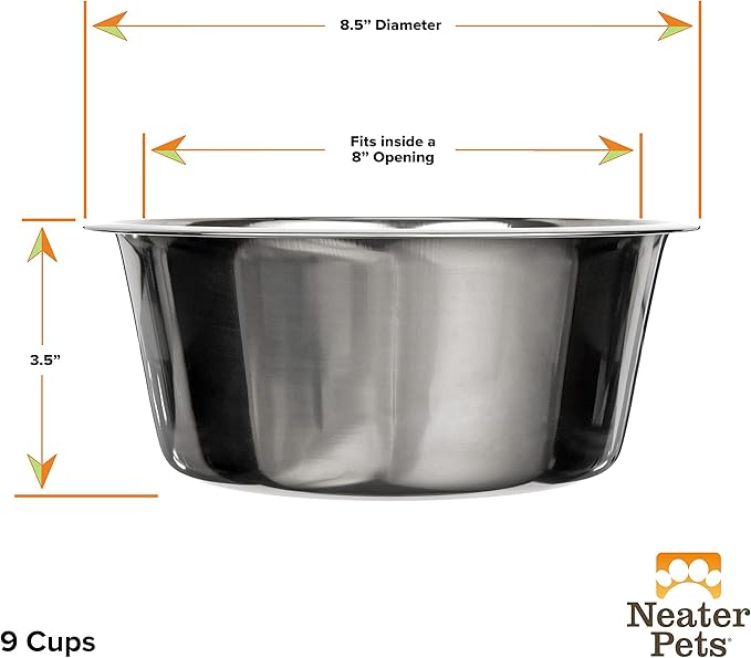 Neater Pet Brands Stainless Steel Dog and Cat Bowls - Neater Feeder Large Deluxe Extra Replacement Bowl (Metal Food and Water Dish) (9 Cup)