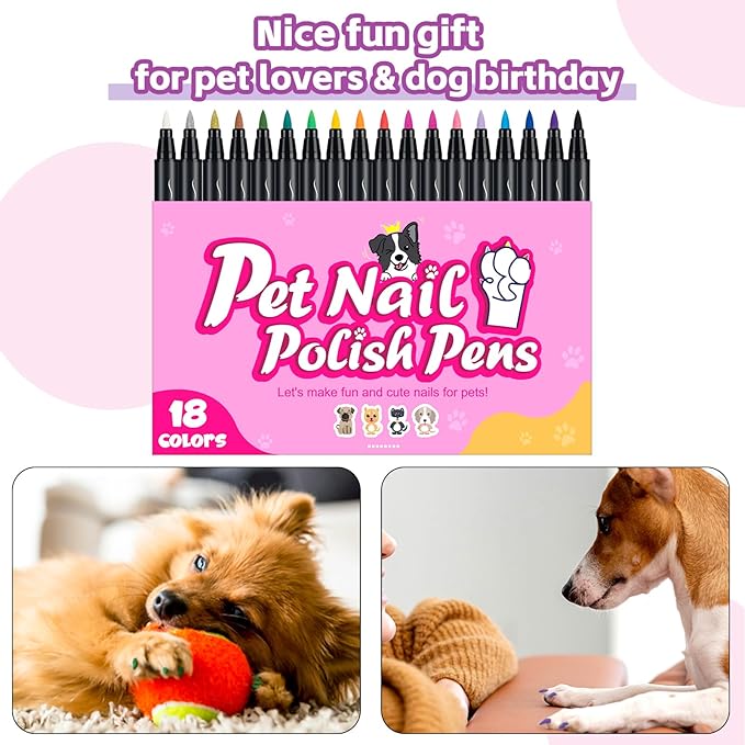Dog Nail Polish, Dog Birthday Gift, 18 Colors Dog Nail Polish Pen Quick Dry, Safe for Dogs, Non-Toxic, Odorless, Easy to Apply with Brush Tip, Pet Nail Decoration, Gifts for Dog Lovers