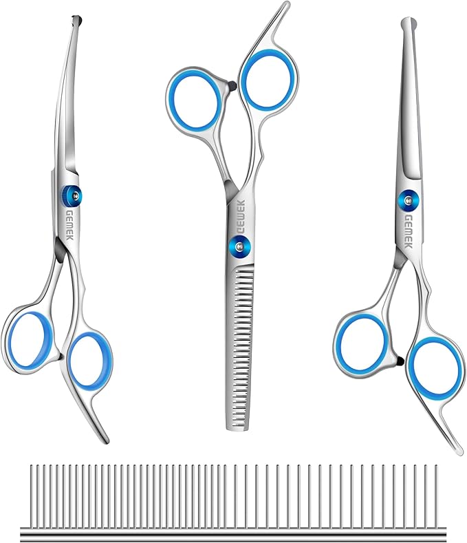 GEMEK Professional Grooming Scissors for Dogs with Safety Round Tips, Dog Grooming Scissors Set - Thinning, Straight, Curved Shears and Comb for Long Short Hair for Dog Cat Pet (Blue-5 in 1)
