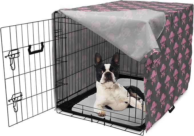Lunarable Skull Dog Crate Cover, Vivid Pirate on Pale Background Head of a Skeleton and Bones Halloween Themed, Easy to Use Pet Kennel Cover for Small Dogs Puppies Kittens, 22 Inch, Pink Taupe
