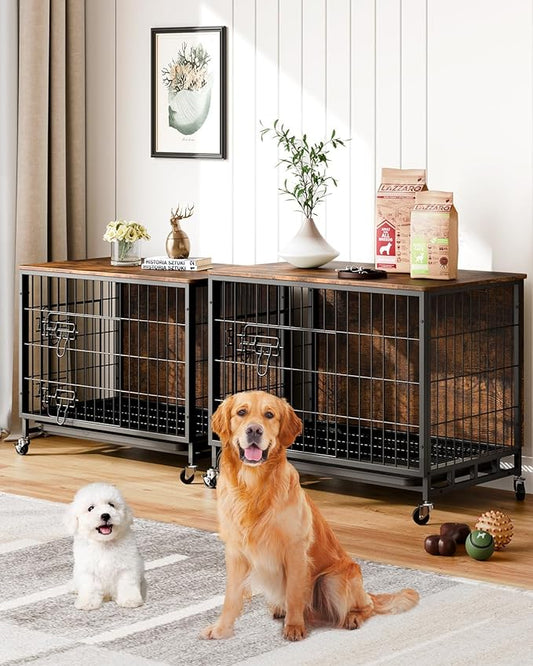 Dog Crate Furniture, 38.6" Wooden Dog Kennel Indoor, Double Doors Dog Cage with Removable Tray, Wheels, Large Dog Crate End Table for Medium/Large Dogs, Rustic Brown