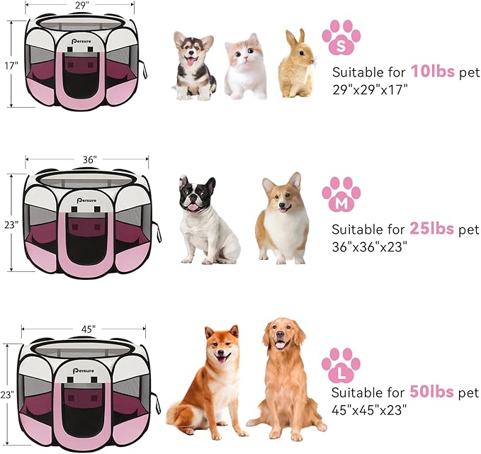 Dog Cat Playpen Indoor Outdoor for Puppy Pet Travel, Dogs Enclosure Tent Crates Cage for Recovery After Surgery, Portable Pop Up Dog Kennel with Carrying Case(Pink, Large)