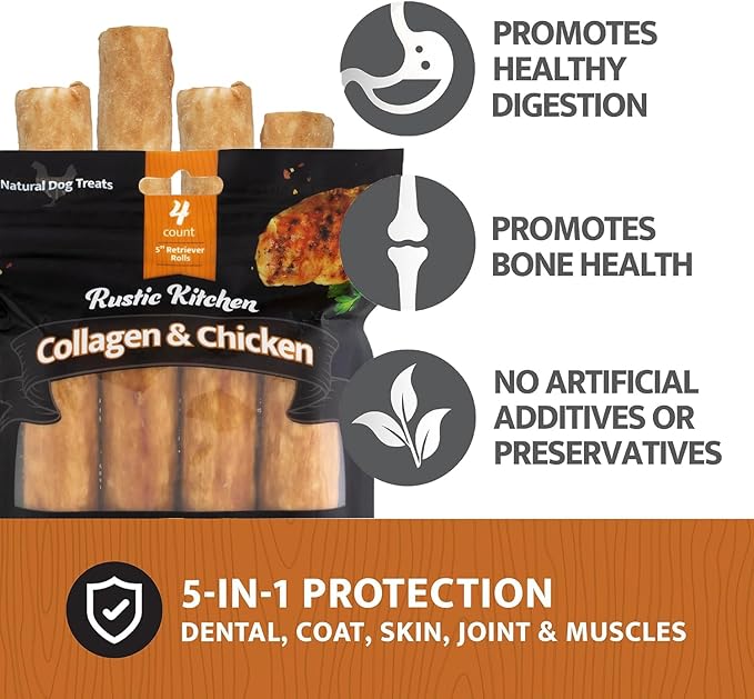 Collagen Chews for Dogs, Dog Chews Long Lasting, Rawhide Free, Real Chicken 5" Dog Treat - 4 Count