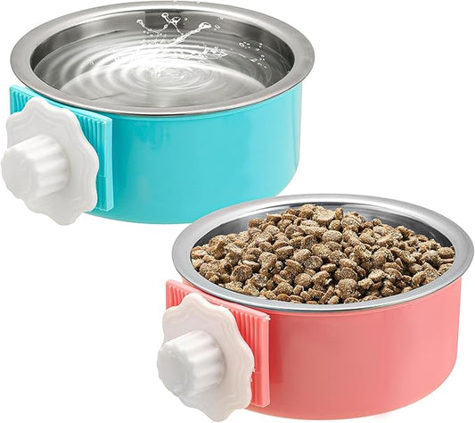 2 Pieces Crate Dog Bowl, Removable Stainless Steel Pet Kennel Hanging Food Water Feeder Bowl Cage Coop Cup for Puppy Medium Dog Cat Rabbit Ferret Bird (Blue,Red)