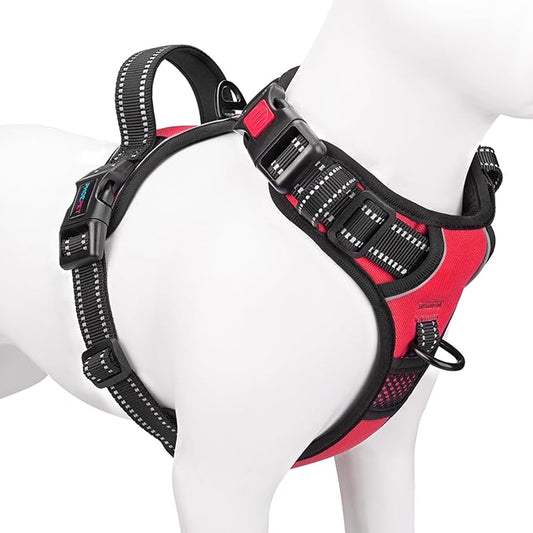 PHOEPET Reflective Dog Harness Large Breed Adjustable No Pull Vest with Handle 2 Metal Rings 3 Buckles [Easy to Put on & Take Off](XL, Red)