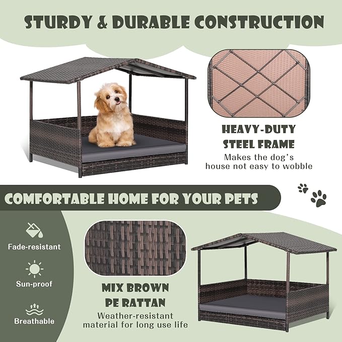 Giantex Wicker Dog House, Raised Rattan Dog Bed with Waterproof Roof, Washable Cushion Cover, Steel Frame, Indoor Outdoor Elevated Dog Bed Pet House for Small Medium Dogs Cats, Easy Assembly