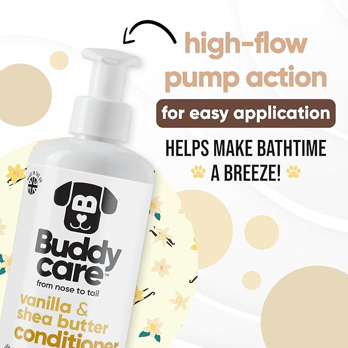 Vanilla & Shea Butter Dog Conditioner (16.90oz) Aloe Vera, Argan Oil & Pro Vitamin B5 to Detangle Matted Coats & Relieve Sensitive & Itchy Skin, Suitable for Puppies from 8 Weeks, Vegan
