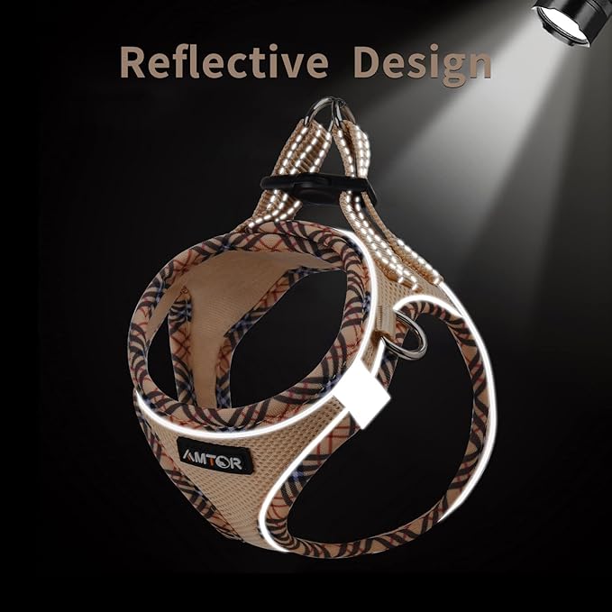 AMTOR Small Dog Harness with Leash Set, No Escape Easy Walk Puppy Harnesses for Training Walking, Step-in Reflective Soft Dogs Vest for XS S Medium Extra-Small Large Sized Dog(Beige,S)