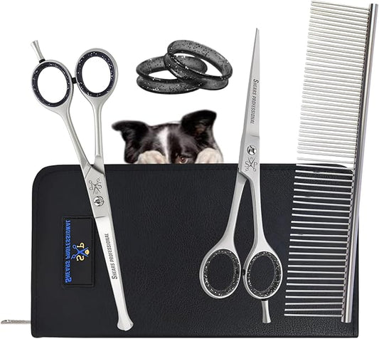 Dog Grooming Scissor Set, 5 in 1 5pcs Leather Shears Case a comb with Ball Tip Scissor for Safety & 5.5 In Grooming Scissor along with 6 pcs Black Silicone Scissor Ring Insert