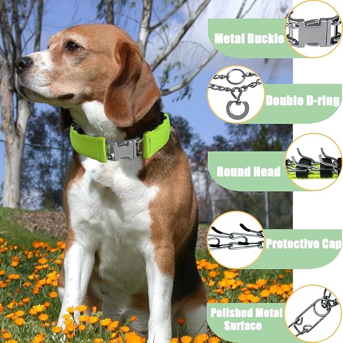 Prong Training Collar for Dogs, Adjustable Dog Pinch Collar with Quick Release Buckle, No Pull Collar for Small Medium Large Dogs, Extra Link and Caps (S (14-17" Neck, 2.25mm), Green)