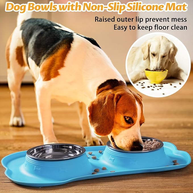 Hubulk Pet Dog Bowls 2 Stainless Steel Dog Bowl with No Spill Non-Skid Silicone Mat + Pet Food Scoop Water and Food Feeder Bowls for Feeding Small Medium Large Dogs Cats Puppies (Medium, Turquoise)