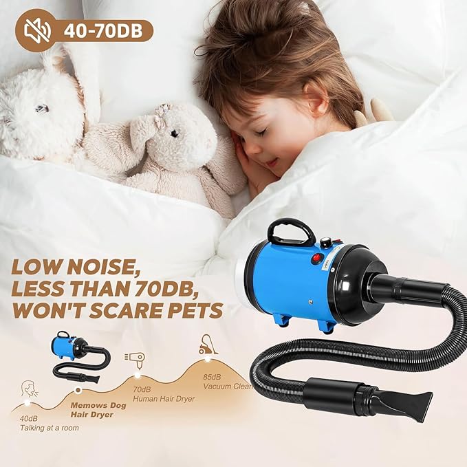 Dog Dryer, Dog Blow Dryer, High Velocity Professional Pet Grooming Vacuum, Dog Hair Dryer with Heater, Stepless Adjustable Speed, 3 Different Nozzles and a Comb for Home, Pet Washing Station, Travel