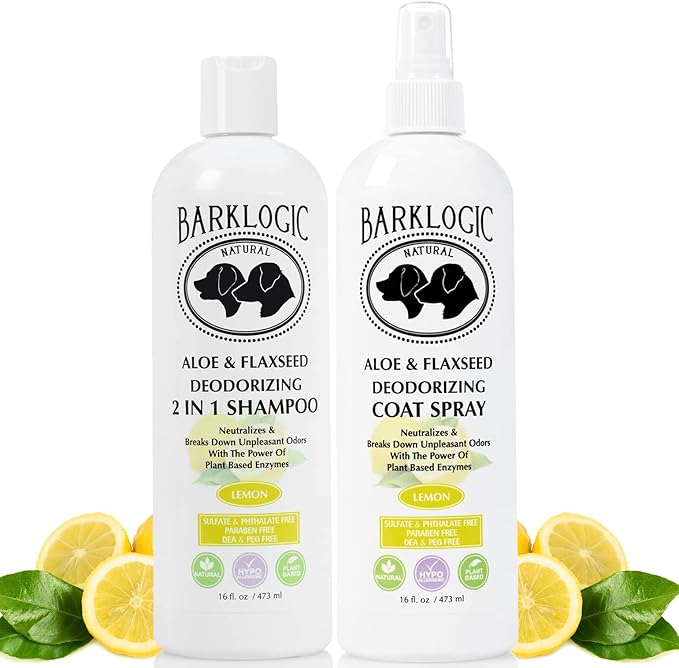 Deodorizing 2 in 1 Dog Shampoo and Coat Spray Kit - Naturally Derived Enzymes with Refreshing Lemon Essential Oil, No Sulfate Dog Deodorizing Formula for Sensitive and Dry Skin