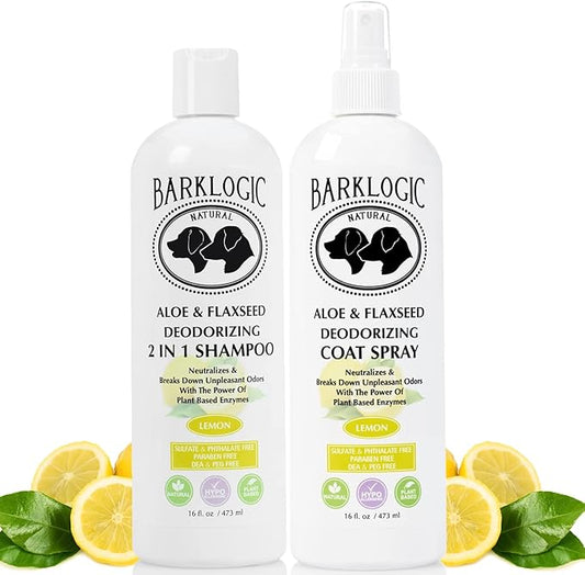 Deodorizing 2 in 1 Dog Shampoo and Coat Spray Kit - Naturally Derived Enzymes with Refreshing Lemon Essential Oil, No Sulfate Dog Deodorizing Formula for Sensitive and Dry Skin