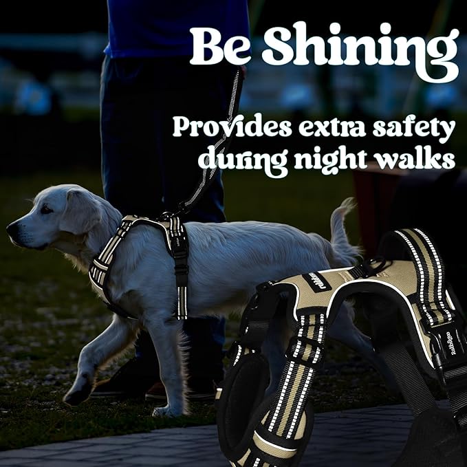 rabbitgoo Dog Harness for Large, No Pull Pet Harness with 3 Buckles, Adjustable Soft Padded Dog Vest with Instant Control Handle, Easy Walking Reflective Pet Vest for Large Dogs, Beige, L