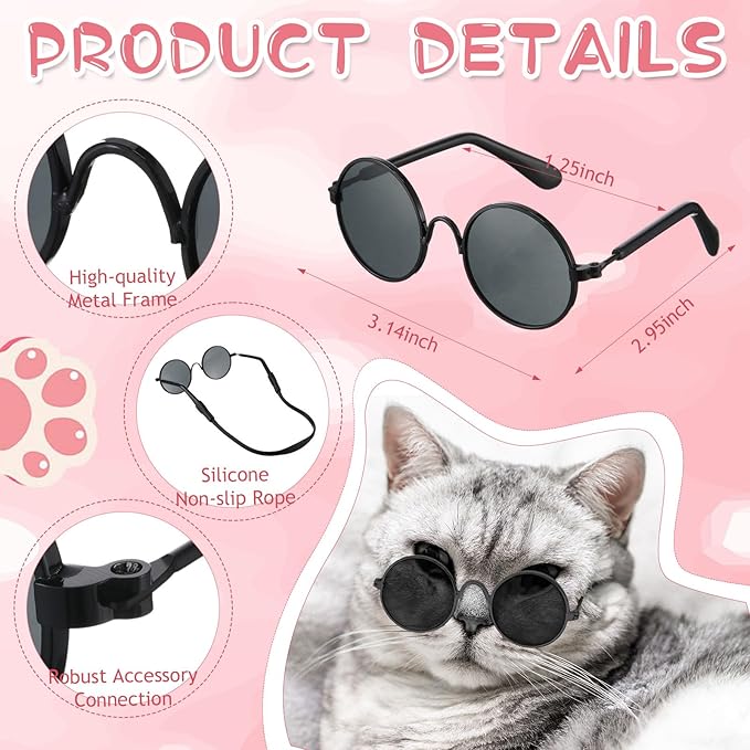 Weewooday 8 Pcs Pet Dog Cat Costume Cat Tie Collar Glasses for Small Dog Round Metal Retro Sunglasses Tie Pet Costume Tuxedo Necktie Collar Puppy Accessories Halloween Cosplay Party (Bright Colors)