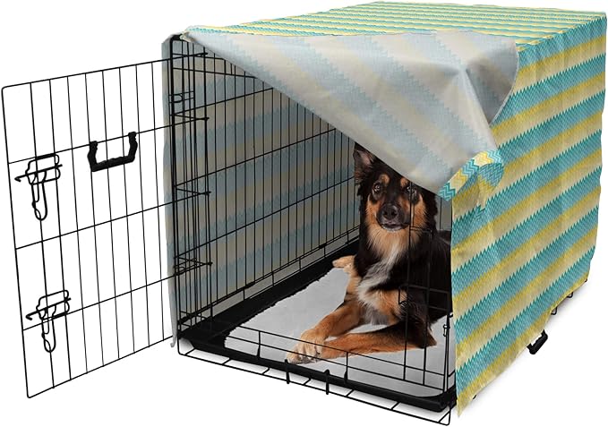 Lunarable Yellow and Blue Dog Crate Cover, Horizontal Chevron Motifs Zigzag Lines Pattern Ombre Inspired Design, Easy to Use Pet Kennel Cover for Medium Large Dogs, 36 Inch, Aqua Mustard