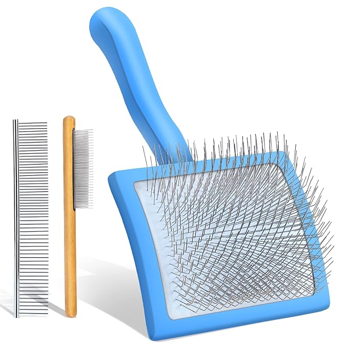 Blue Slicker Brush for Medium to Large Pets - Long Pin Grooming Tool Removes Loose Hair, Tangles and Knots, Includes Free Pet Comb