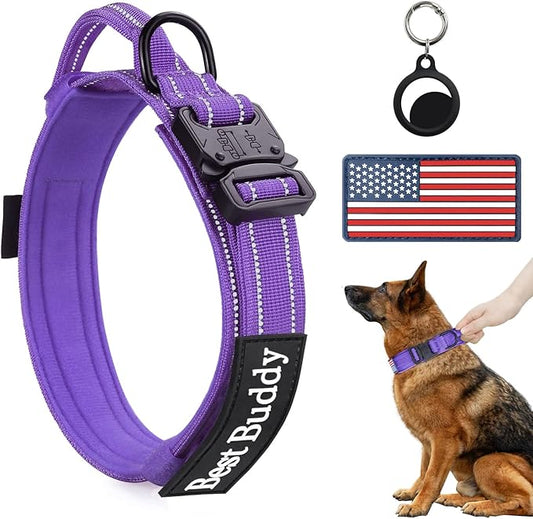 AUBELL Reflective Dog Collar, Tactical Dog Collar Adjustable Military Collar Nylon K9 Collars with Control Handle and Heavy Duty Metal Buckle for Small Medium Large Dogs, with 2 Patches (Purple, XL)