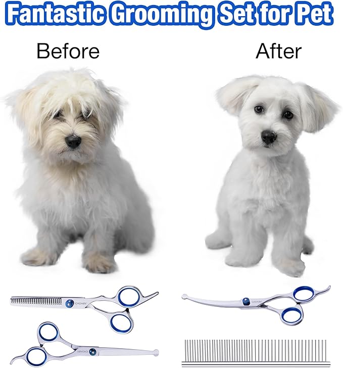 Dog Grooming Scissors with Safety Round Tips,5 in 1 Dog Grooming Scissors Kit, 4CR Stainless Steel Professional Pet Grooming Shears for Dog, Cat,Sharp and Sturdy