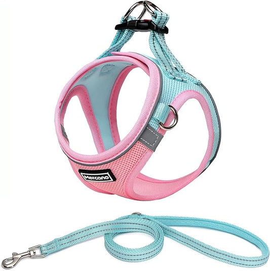 Mercano Soft Mesh Dog Harness and Leash Set, No-Chock Step-in Reflective Breathable Lightweight Easy Walk Escape Proof Vest Harnesses with Safety Buckle for Small Medium Dogs, Cats (XL, Pink Blue)