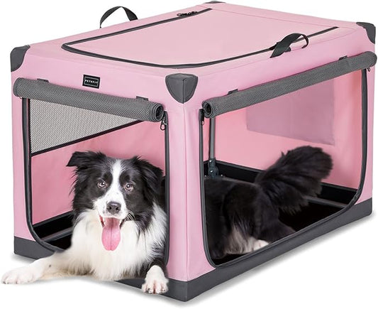 PETSFIT Collapsible Dog Crate, with Patented Adjustable Fabric Cover, Chewproof & Lockable Mesh Doors, Waterproof Base Portable Kennel Pink 36 Inch
